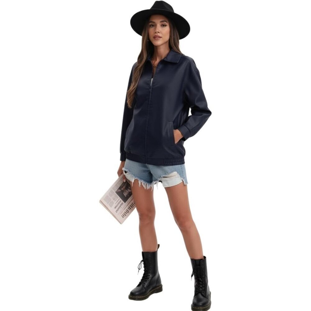 Womens Oversized Faux Leather Jacket Zip Up Motorcycle Loose Fit Fall Outfits - Picture 6 of 6